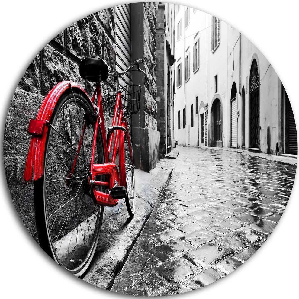 Retro Vintage Red Bike, Cityscape Photo Round Wall Art, 23"