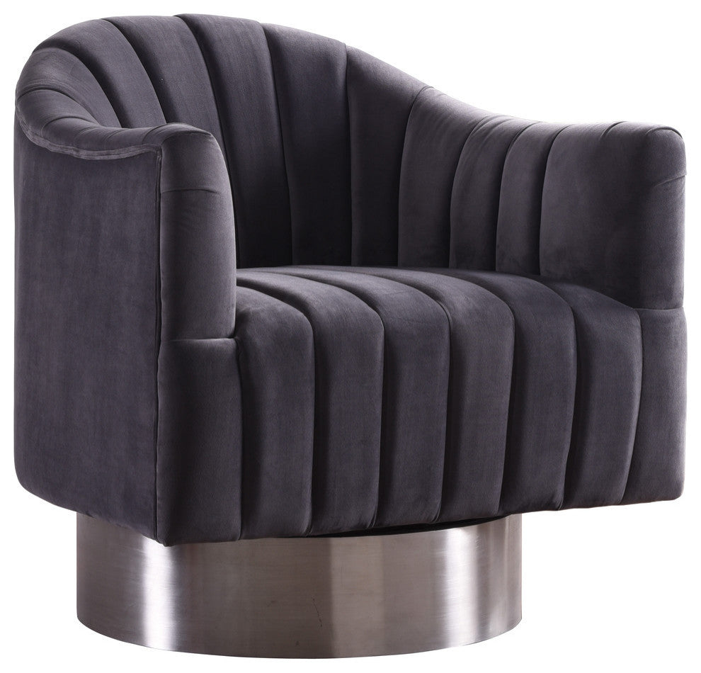 Farrah Velvet Upholstered Accent Chair, Gray, Chrome Swivel Base