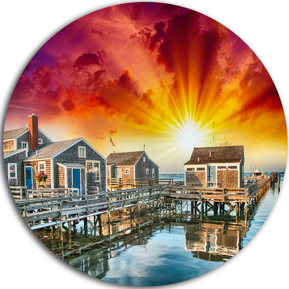 Wooden Homes At Sunset, Landscape Photo Large Disc Metal Wall Art, 36"