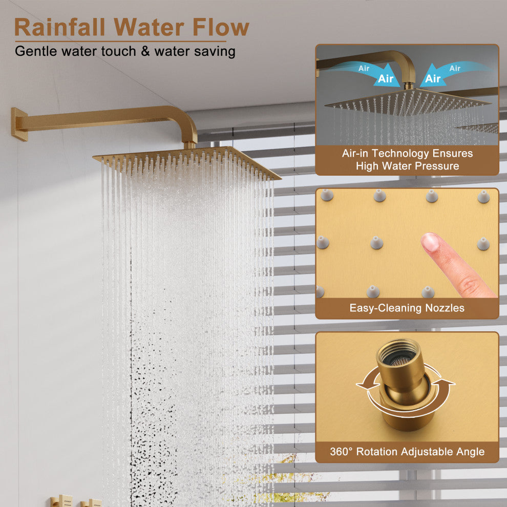 12" Dual Heads Shower System with 4 Way Thermostatic Faucet, Brushed Gold