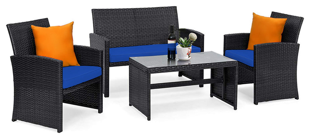 Costway 4PCS Patio Rattan Furniture Conversation Set Cushion Sofa Table Garden