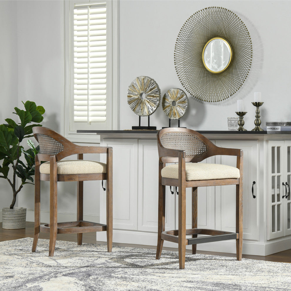 Americana Mid-Century Modern Rattan Cane Back Stool, Taupe Beige Textured Weave, 26" Counter Height