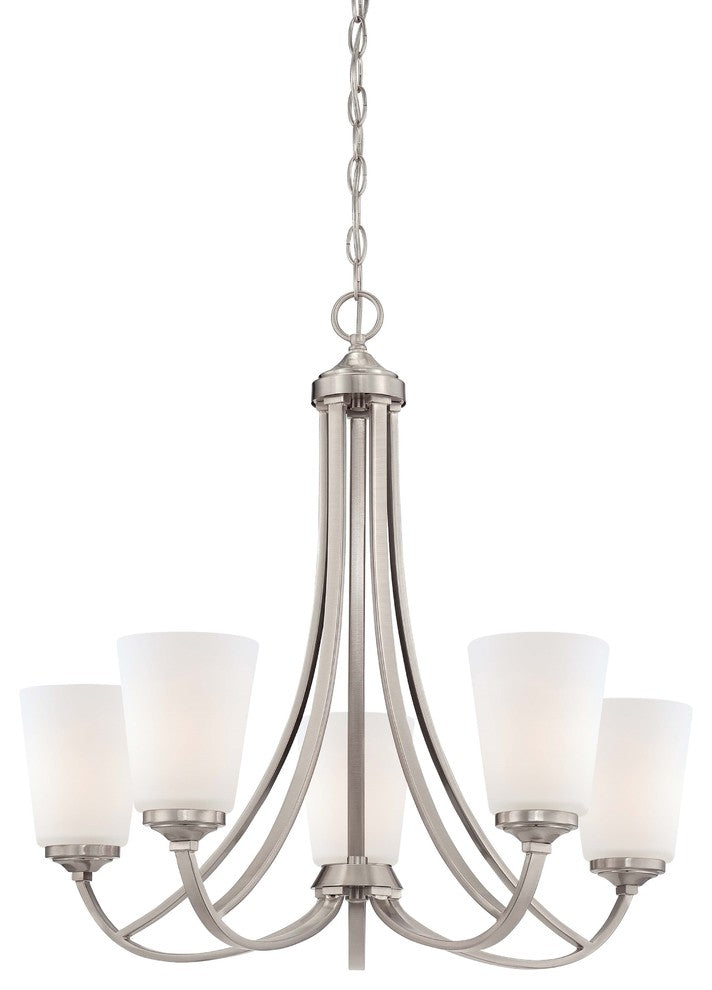 5-Light Chandelier, Brushed Nickel With Etched White Glass