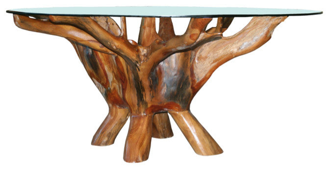 Rustic Teak Wood Root Round Coffee Table Including 43 Inch Glass Top