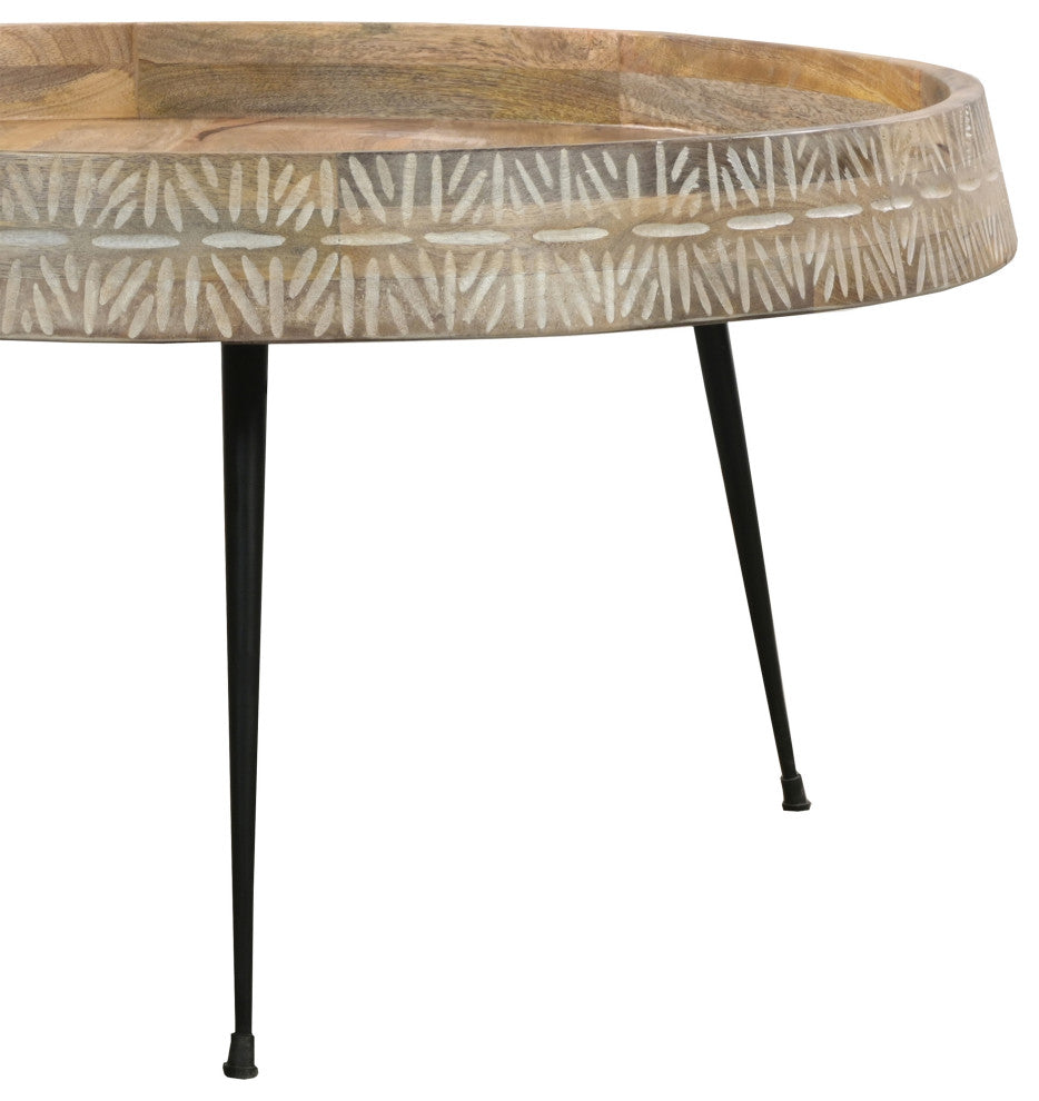 29" Coffee Table Round Handcrafted Mango Wood Carved Edge Black Iron Legs