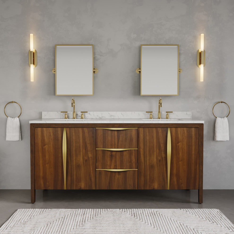Ferrero Marble Top Bath Vanity, Nori Juglans, 72, Double Sink, No Faucet