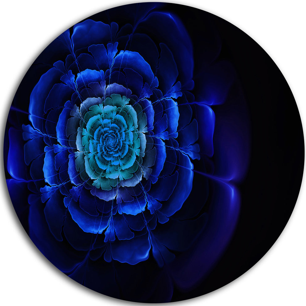 Fractal Silver Blue In Dark, Floral Abstract Round Metal Wall Art, 23"