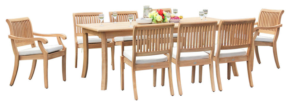 9-Piece Outdoor Teak Dining Set, 117" Rectangle Table, 8 Arbor Stacking Chairs