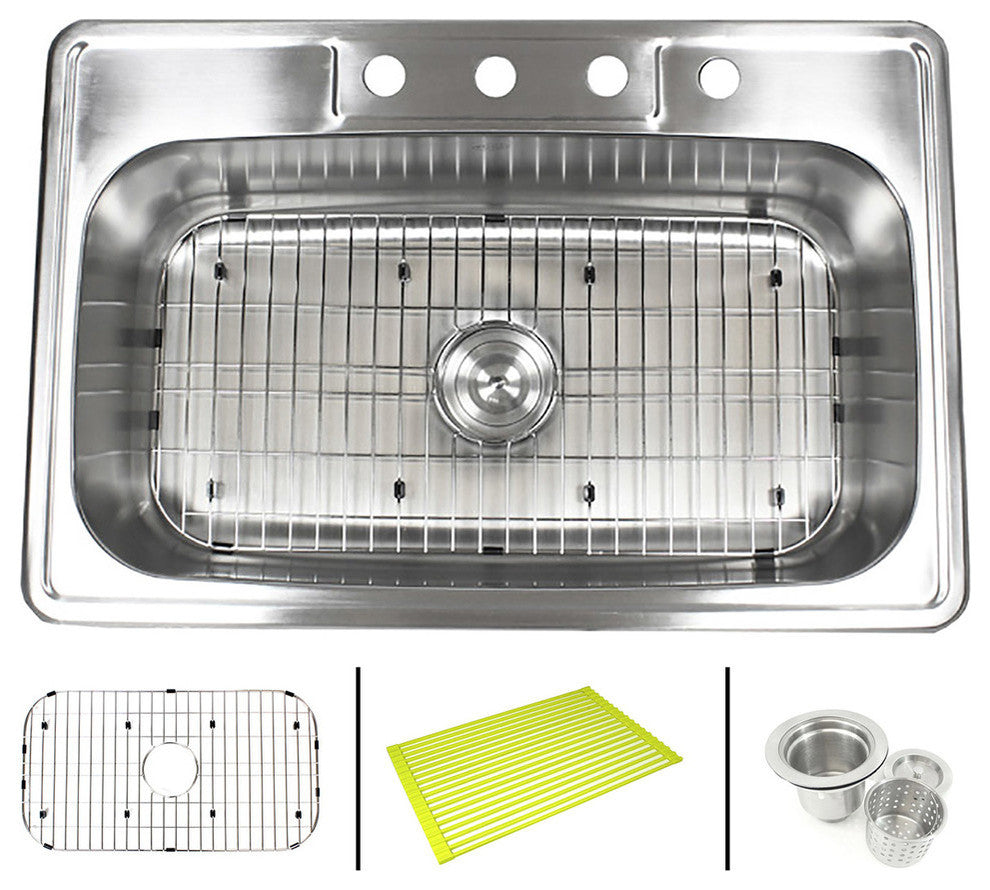 33"x22"x9" Topmount Drop-In Stainless Steel Single Bowl Kitchen Sink Combo