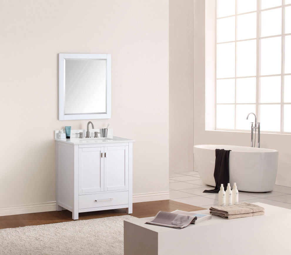 Avanity Modero 30" Vanity, White Finish, Cala White Engineered Stone Top