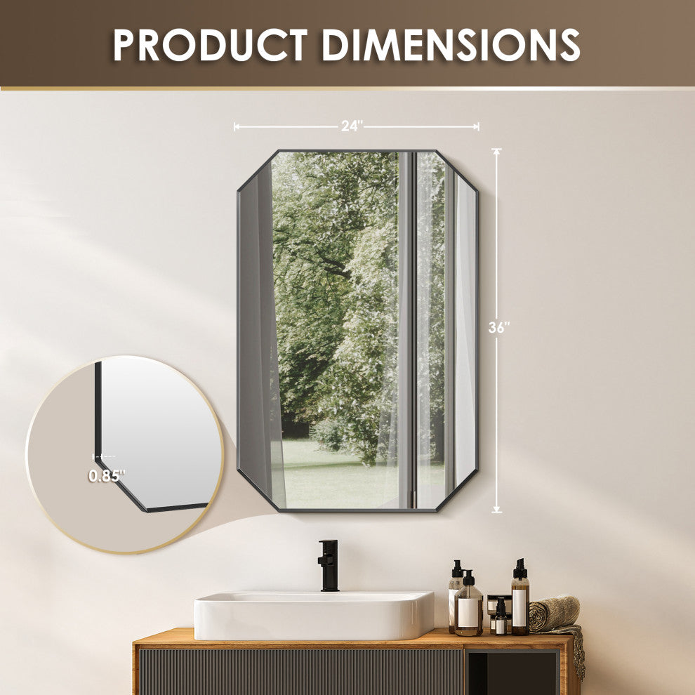 Allure Octagon Framed Bathroom Wall Mirror, Matte Black, 24"