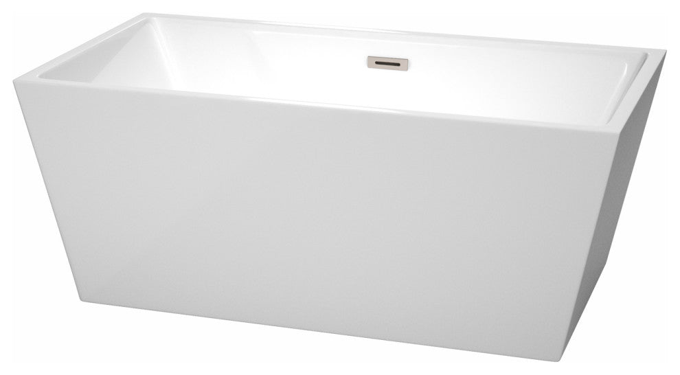 Sara 59" Freestanding White Bathtub, Brushed Nickel Drain and Overflow Trim