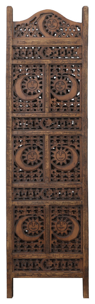 71" 4 Panel Mango Wood Room Divider Hand Carved Sun and Moon Design Brown