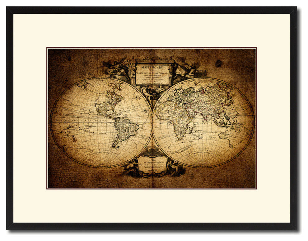 World Vintage Map Print On Canvas With Picture Frame 16" X 21"