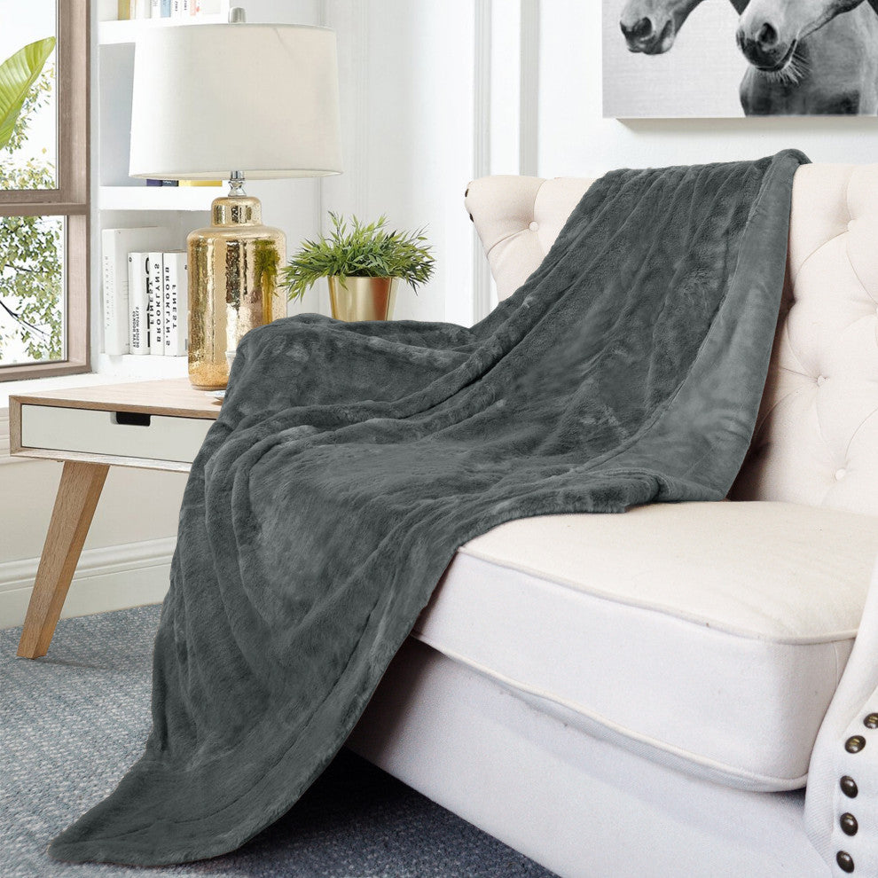 Solid Faux Fur Couch Throw Blanket, Gray