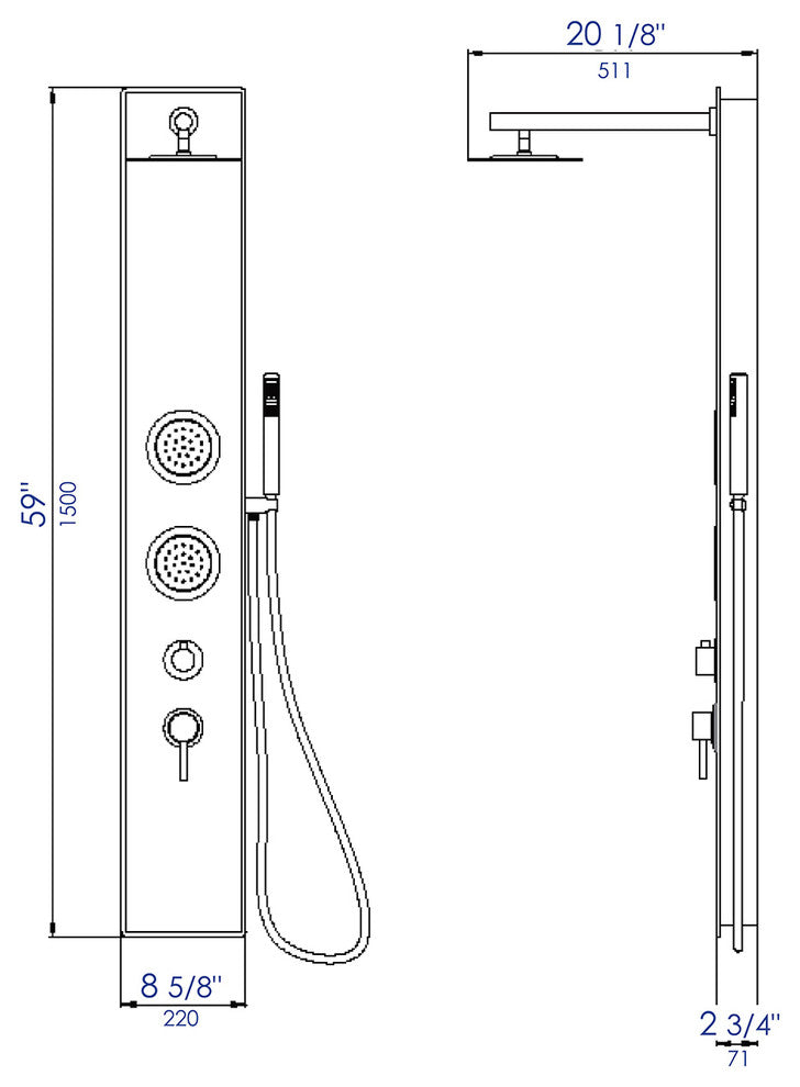 Black Glass Shower Panel with 2 Body Sprays and Rain Shower Head