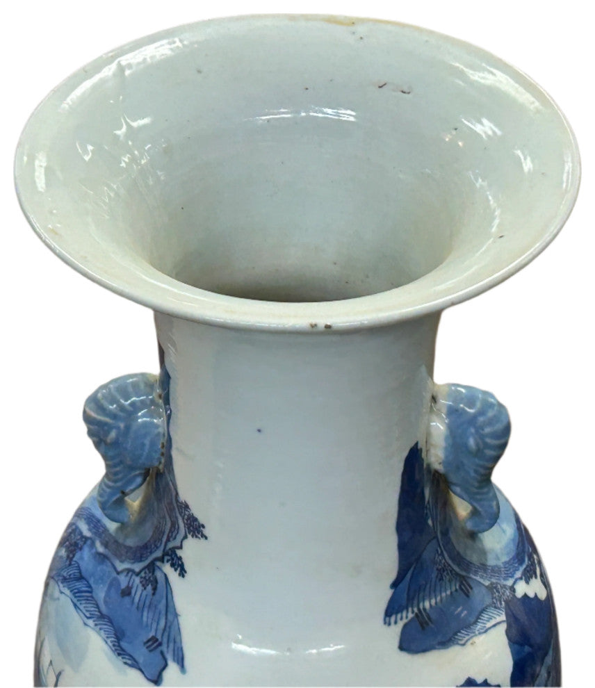 23" Vintage Blue White Scenery Porcelain Elephant Head Ear Art Vase Hws4363