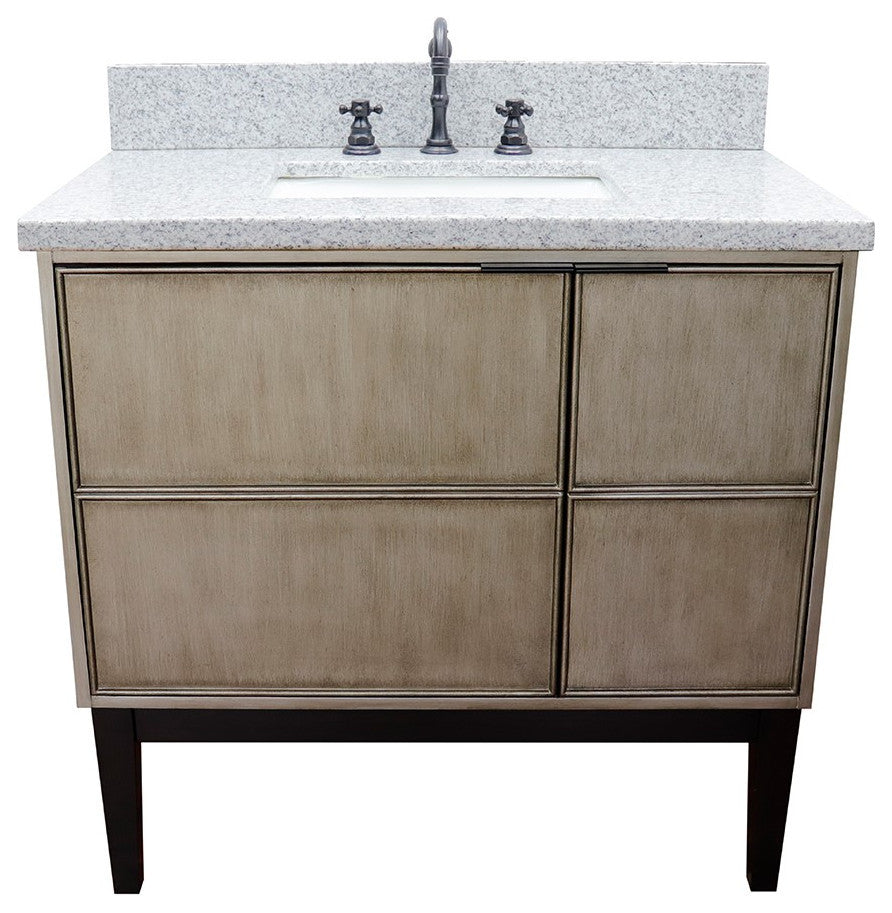 37" Single Vanity, Linen Brown Finish With Gray Granite Top And Rectangle Sink