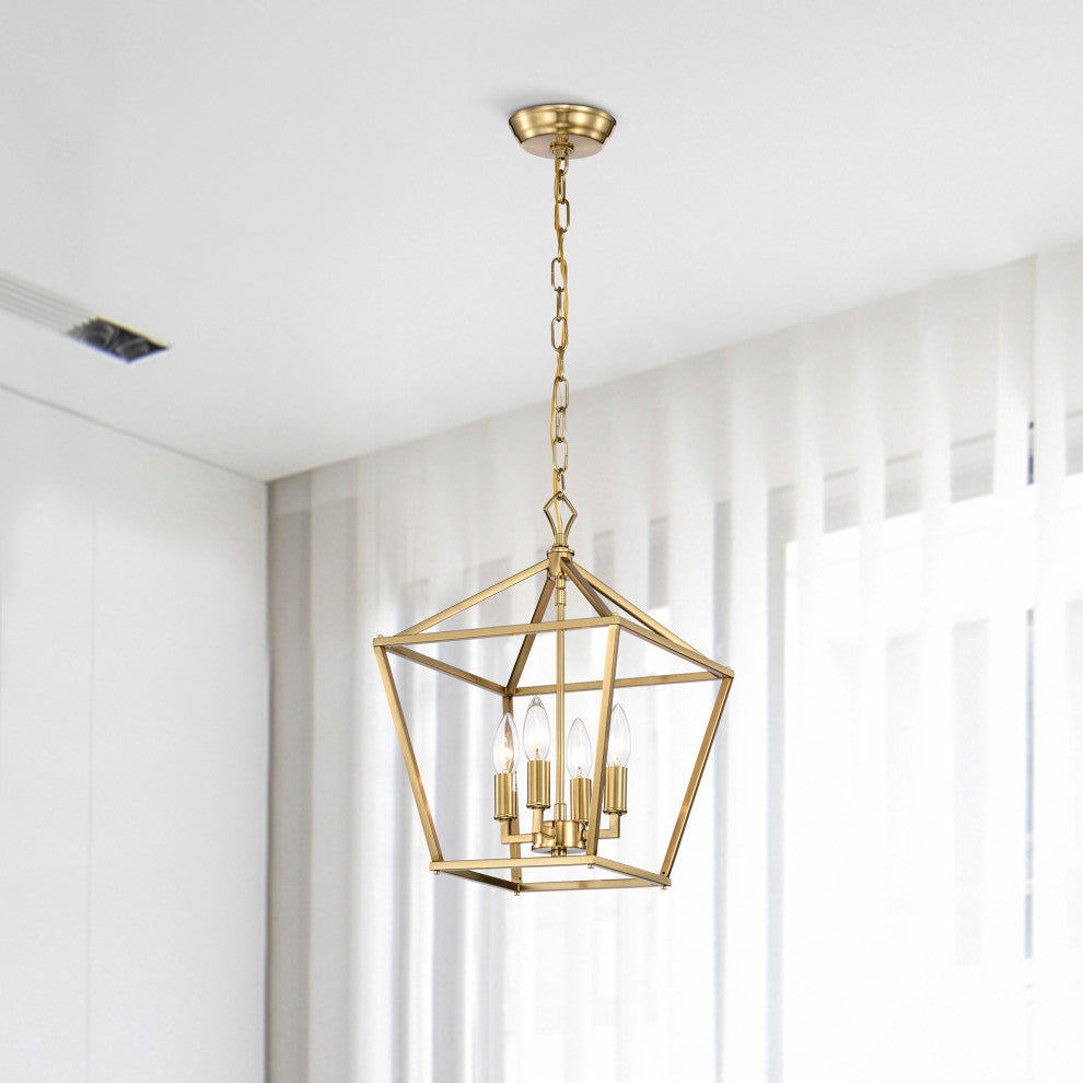 4-Light 12 in. Gold Caged Lantern Modern Pendant