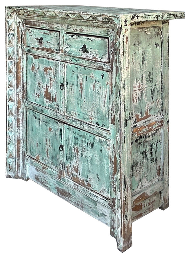Distressed Turquoise Green Geometric Edge Credenza Storage Cabinet