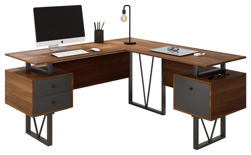 Reversible L-Shape Computer Desk With Drawers and File Cabinet