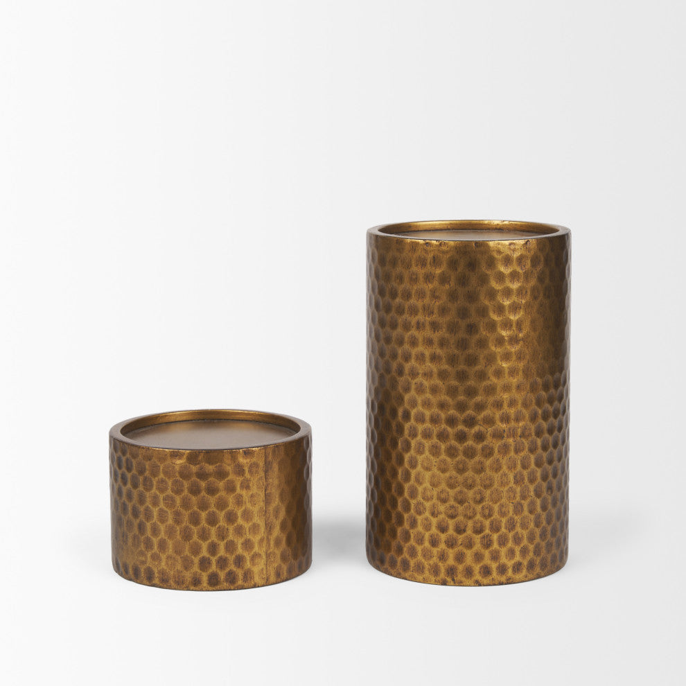 Gage Antiqued Gold Honeycomb Textured Metal Candle Holder, 2-Piece Set