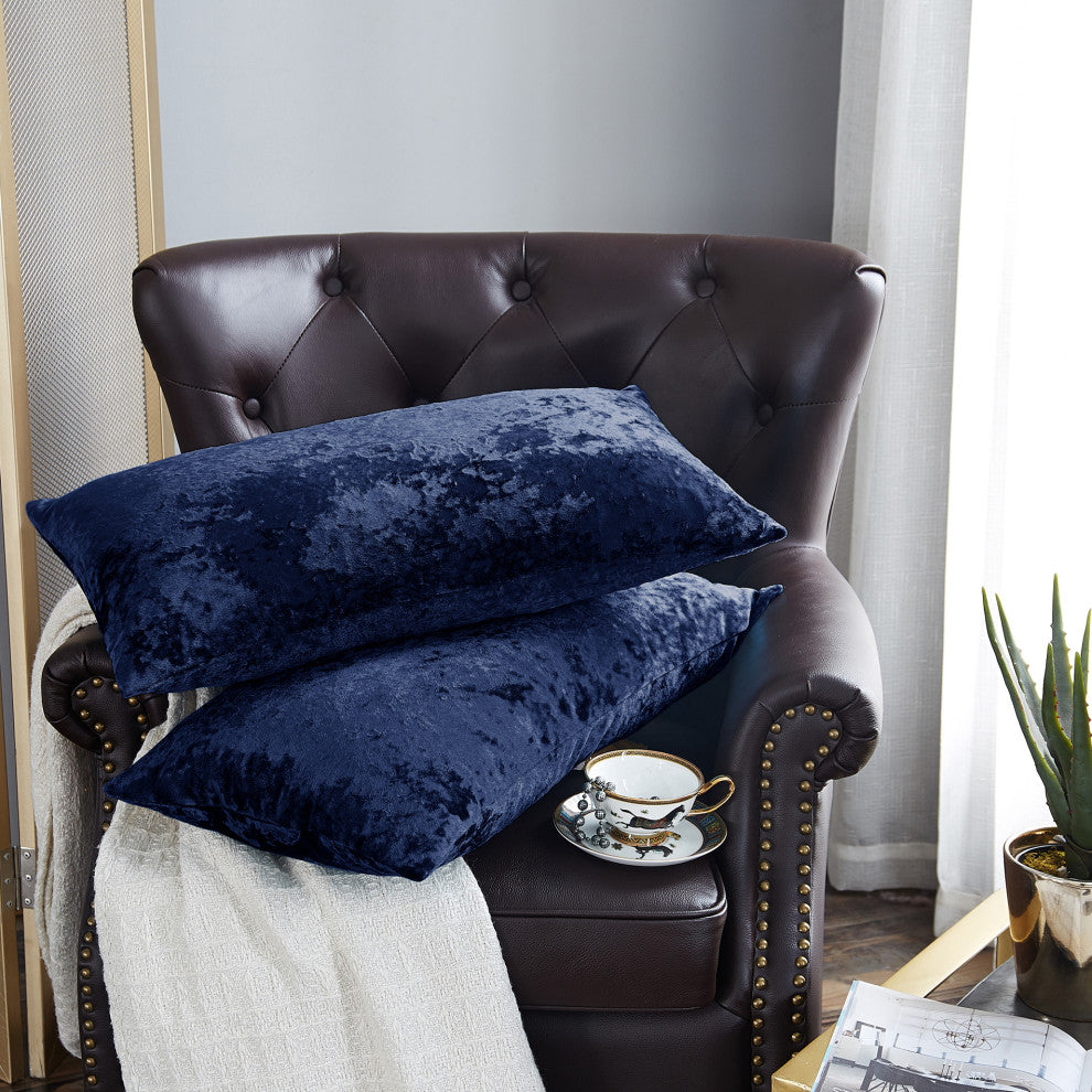 Crushed Velvet Pillow Cover 2 Piece Set, Blue, 14" X 26"