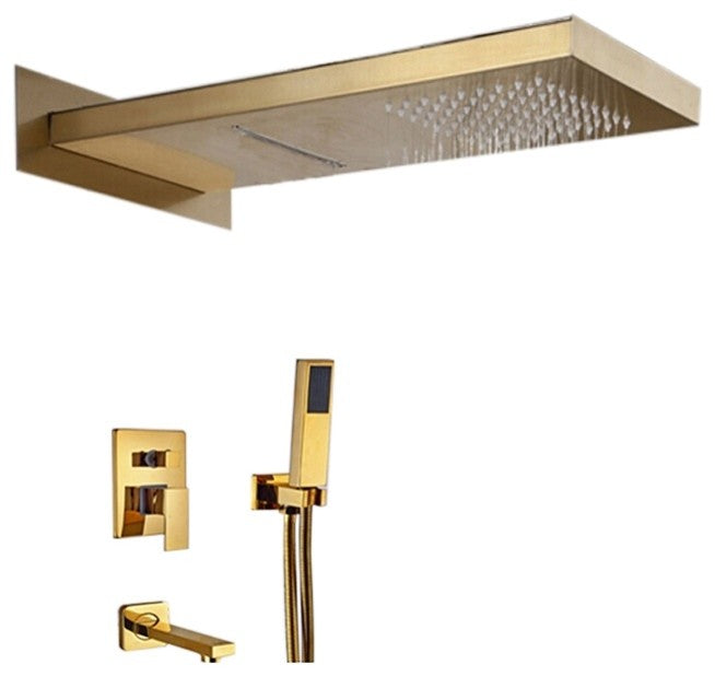 Gold Wall Mount Shower Set With Handheld Shower Head and Tub Faucet Spout