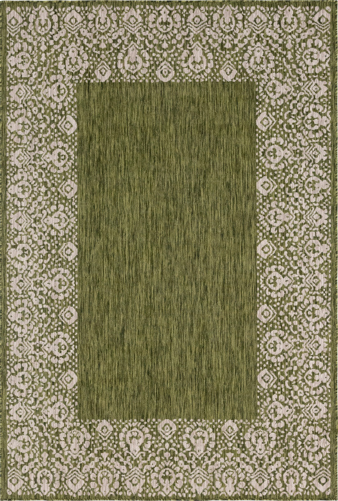 Unique Loom Aqua Blue Floral Border Outdoor Area Rug, Green, Beige, 4' X 6'