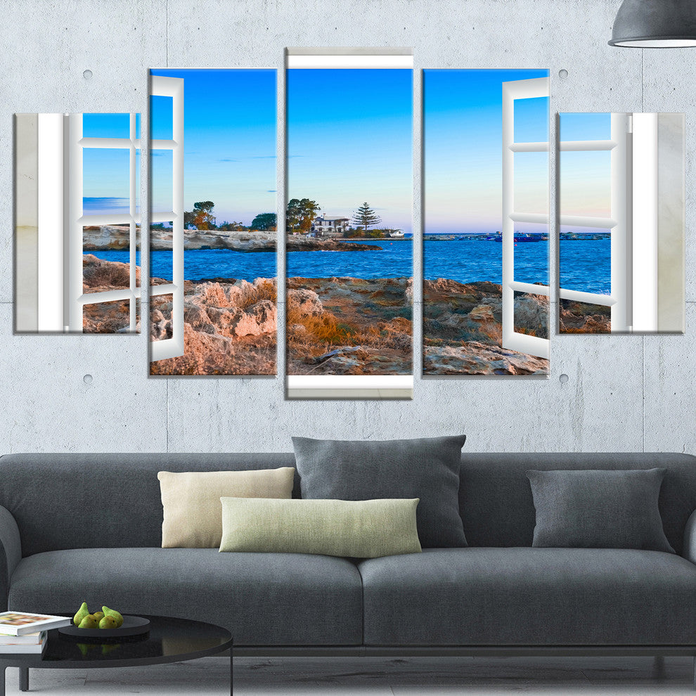 "Open Window To Blue Seashore" Landscape Wall Art Print, 5 Panels, 60"x32"
