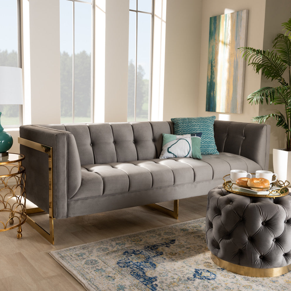 Rolland Gray Velvet Upholstered and Button Tufted Sofa With Gold-Tone Frame