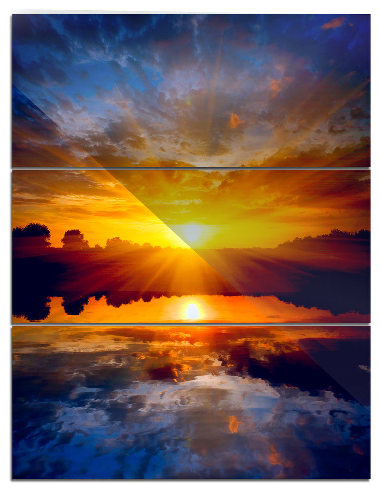 "Bright Yellow Sunset Over Lake" Metal Wall Art, 3 Panels, 28"x36"