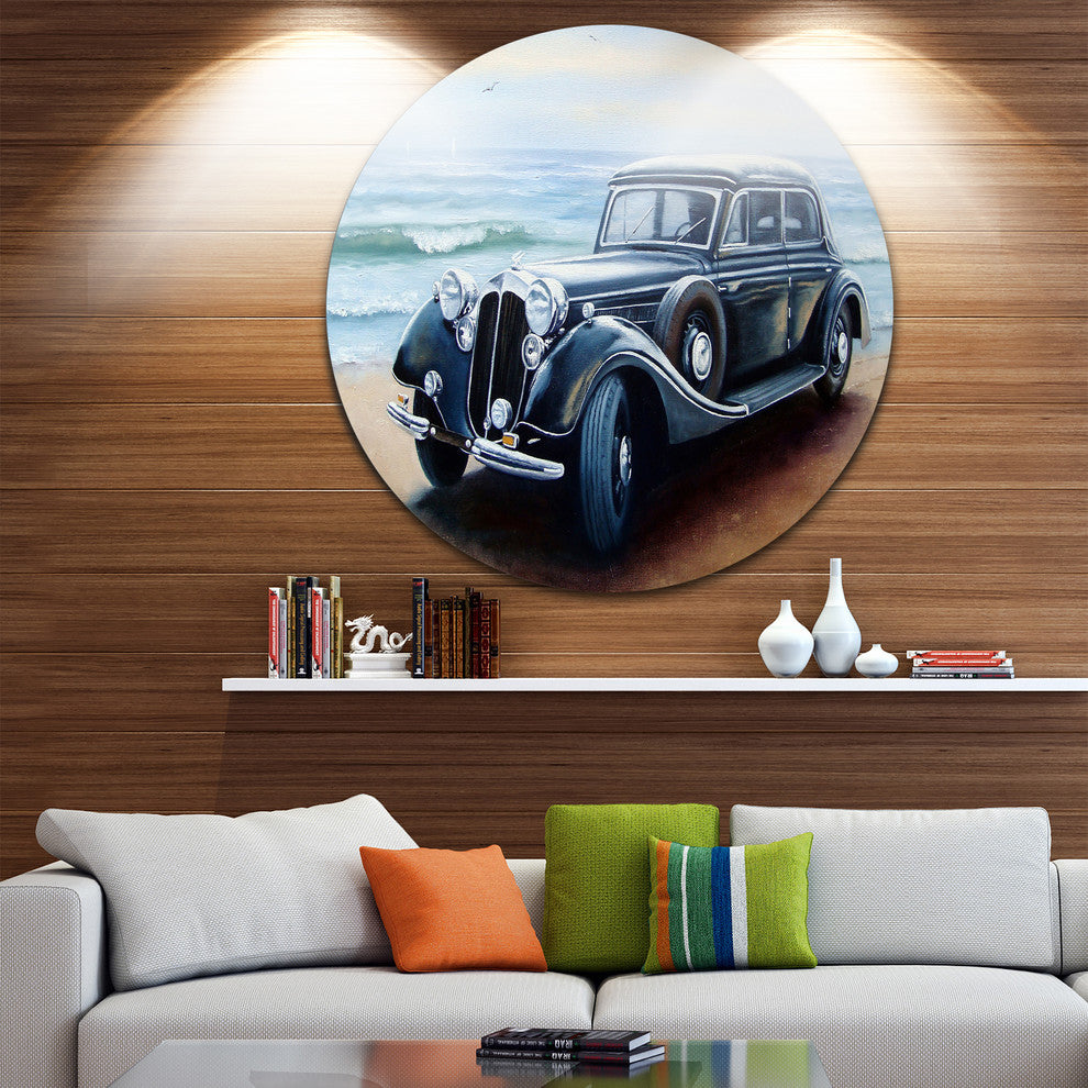 Retro Car On Sea Shore, Car Painting Disc Metal Wall Art, 11"