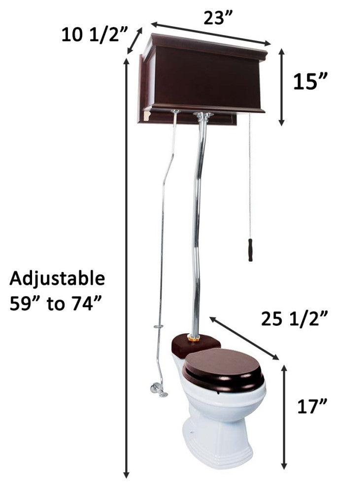 High Tank Toilets White Flat Panel Cherry Finish Round Z-Pipe, White, Chrome, Dark Oak