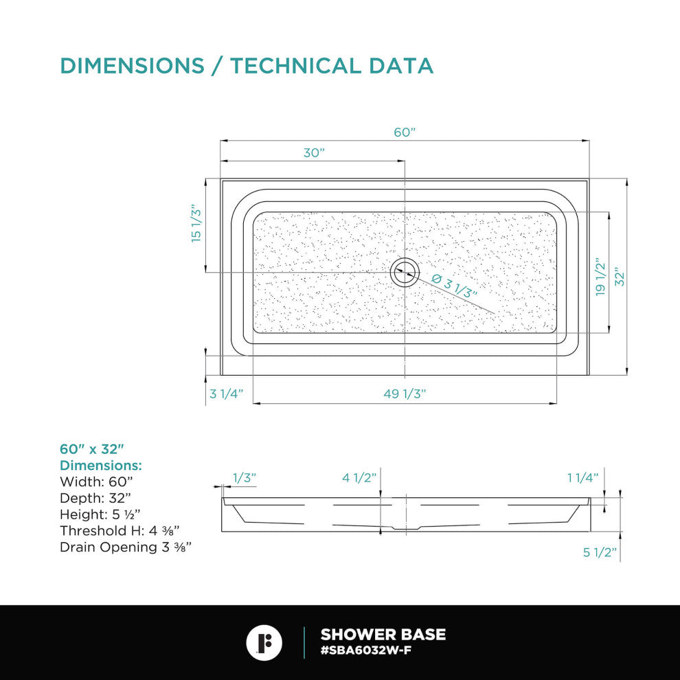 Fine Fixtures Single Threshold Shower Base, 60x32