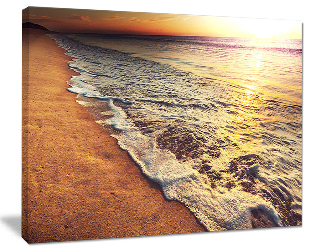 "Foaming Waves At Sea Sunset" Modern Beach Canvas Art Print, 40"x30"