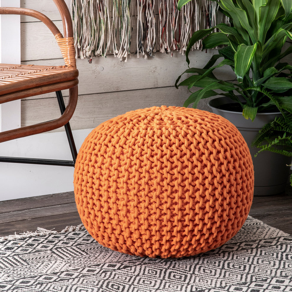 Nuloom Knitted Cotton Ling Contemporary Pouf, Orange 20"x14"