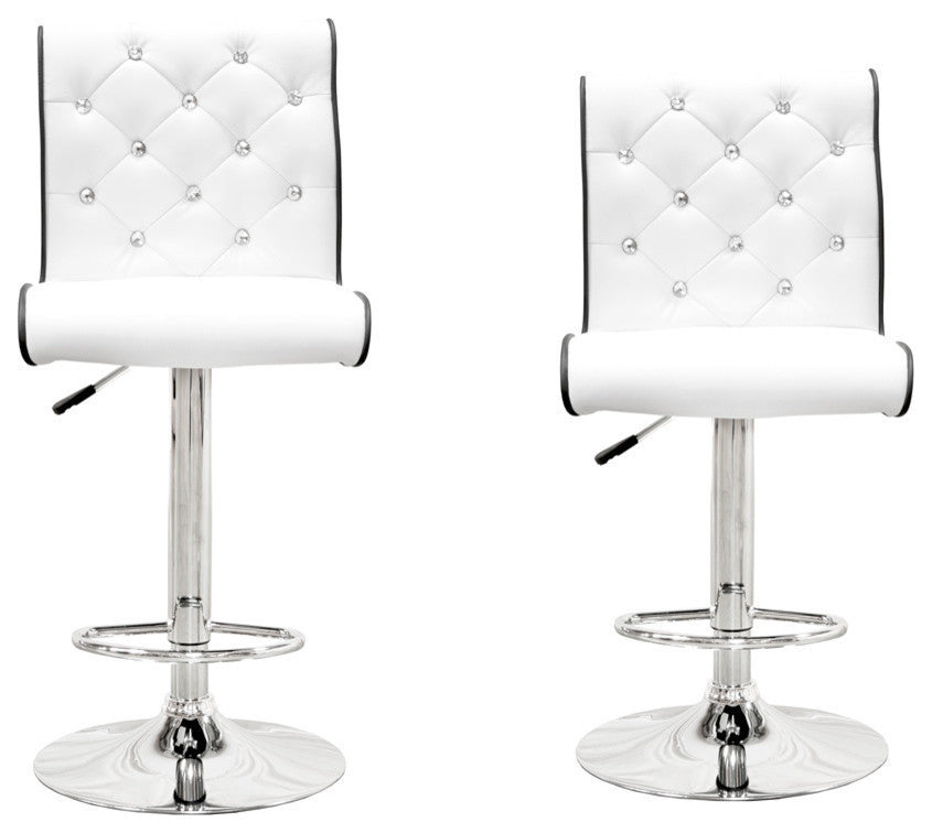 Modern Swivel Bar Stool With Crystals and "Tufted" Look, Set of 2, White