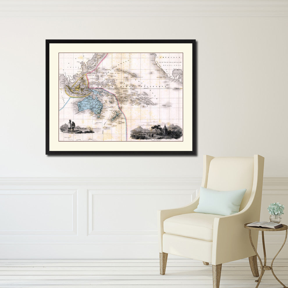 Oceania, Australia, New Zealand Map Print On Canvas With Picture Frame 16" X 21"