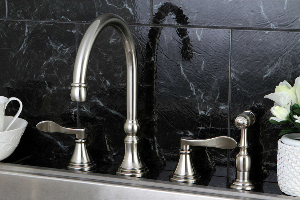 Kingston Brass Widespread Kitchen Faucet With Brass Sprayer, Brushed Nickel