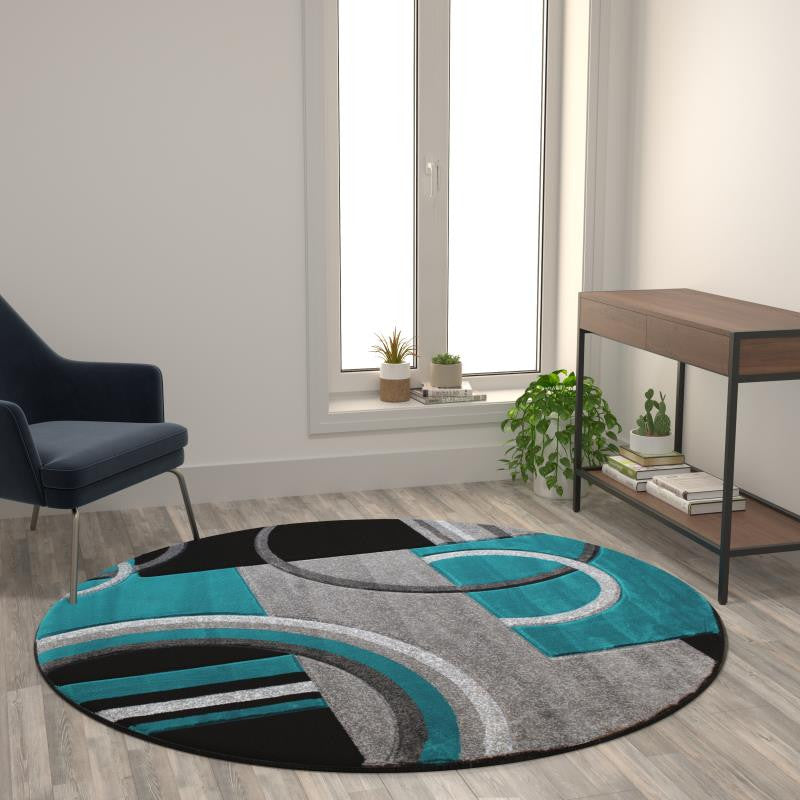 Audra Collection Abstract Area Rug - Olefin Rug with Jute Backing, Turquoise, 5' X 5'