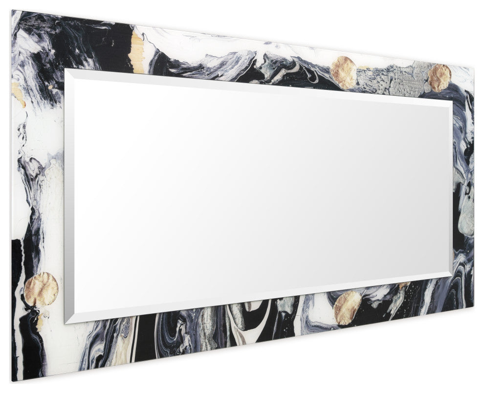 "Ebony and Ivory" Beveled Mirror on Printed Abstarct Tempered Art Glass, 54x28"