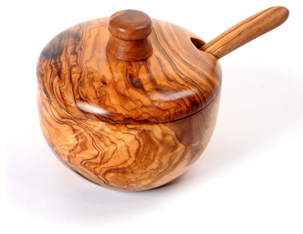 Handmade Olive Wood Sugar Bowl with Coffee Spoon