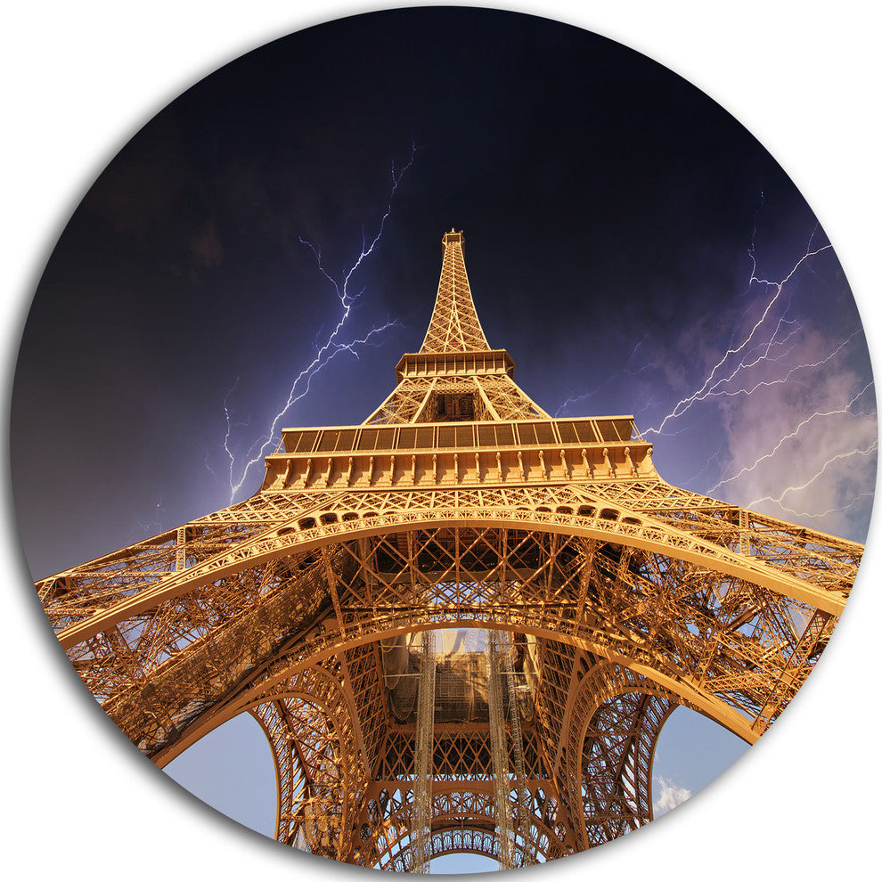 Storm Above Paris Eiffel Tower In Paris, Disc Metal Artwork, 23"