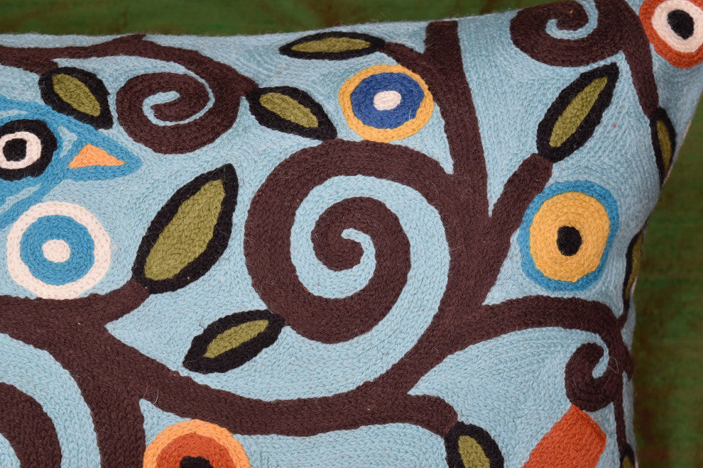 Lumbar Blue Tree Of Life Pillow Cover Birds Accent Pillows Handmade Wool 14x20"