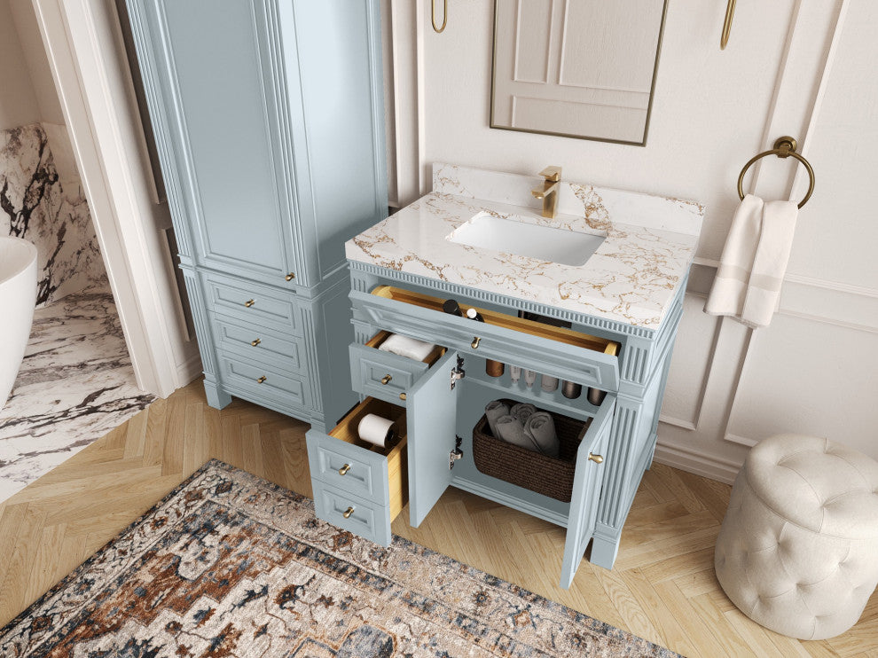 Paris 36" Center Sink Bathroom Vanity, Blue Heather 2" Calacatta Nuvo