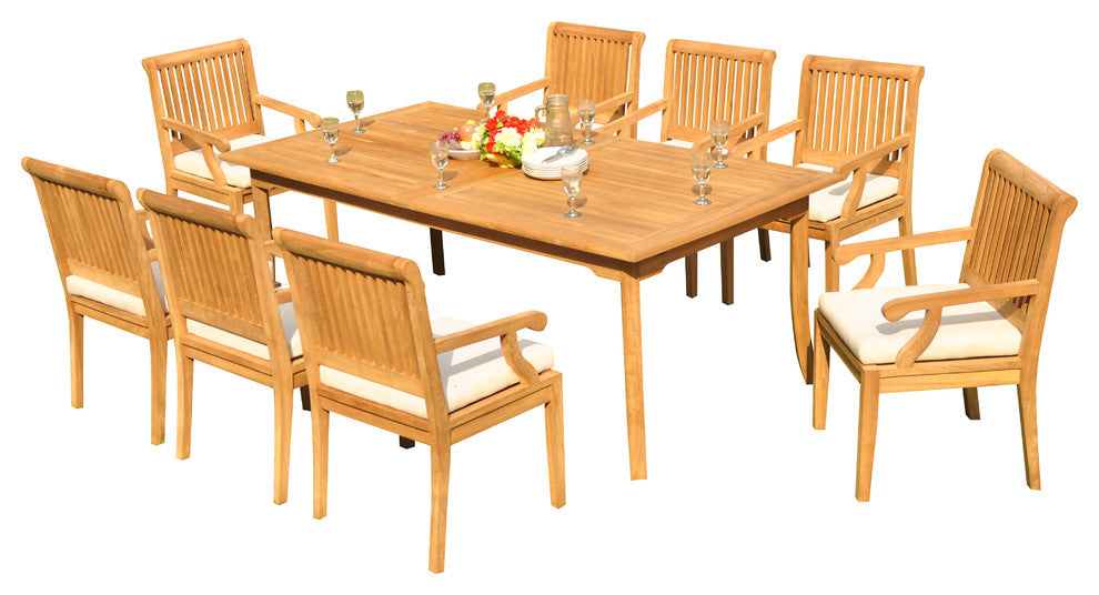 9-Piece Outdoor Patio Teak Dining Set: 83" Rectangle Table, 8 Sack Arm Chairs