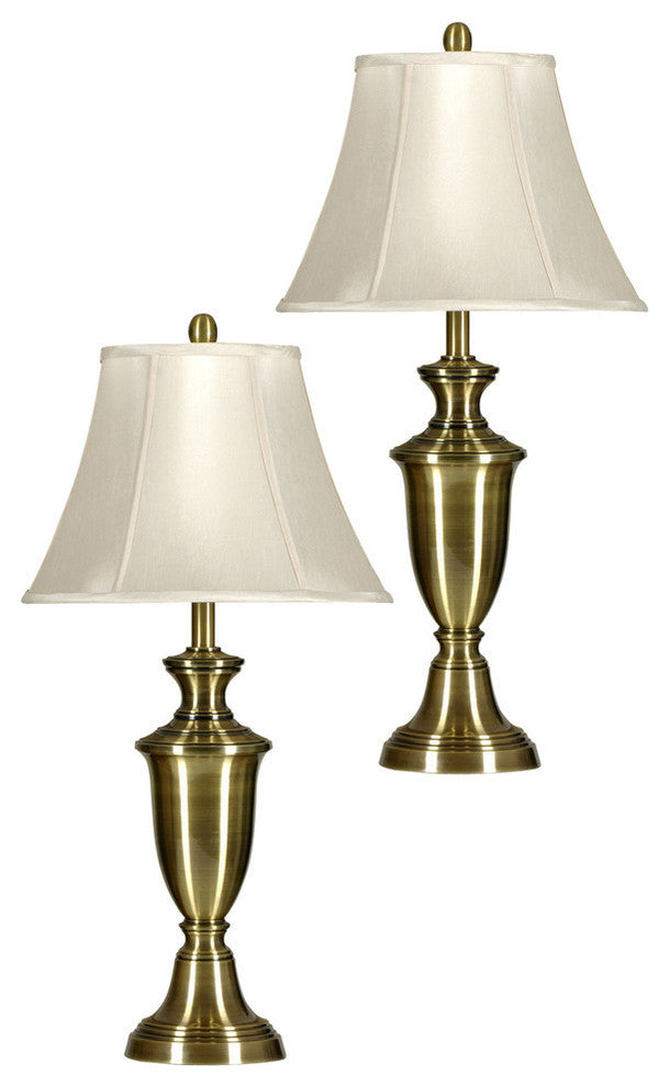 Table Lamp - Antique Brass Finish - White Softback Silk Fabric Shade - Set Of 2