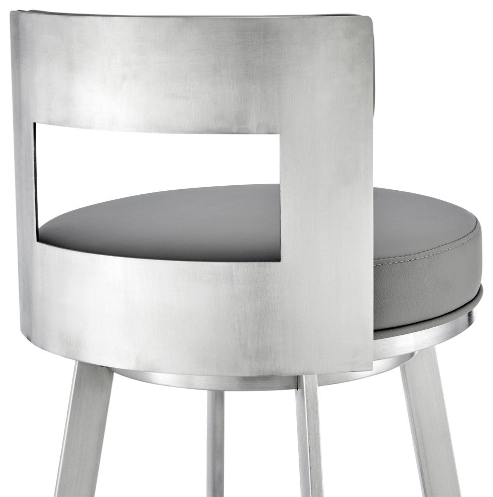 Lynof Swivel Counter Stool With Faux Leather, Light Gray, Brushed Stainless Steel