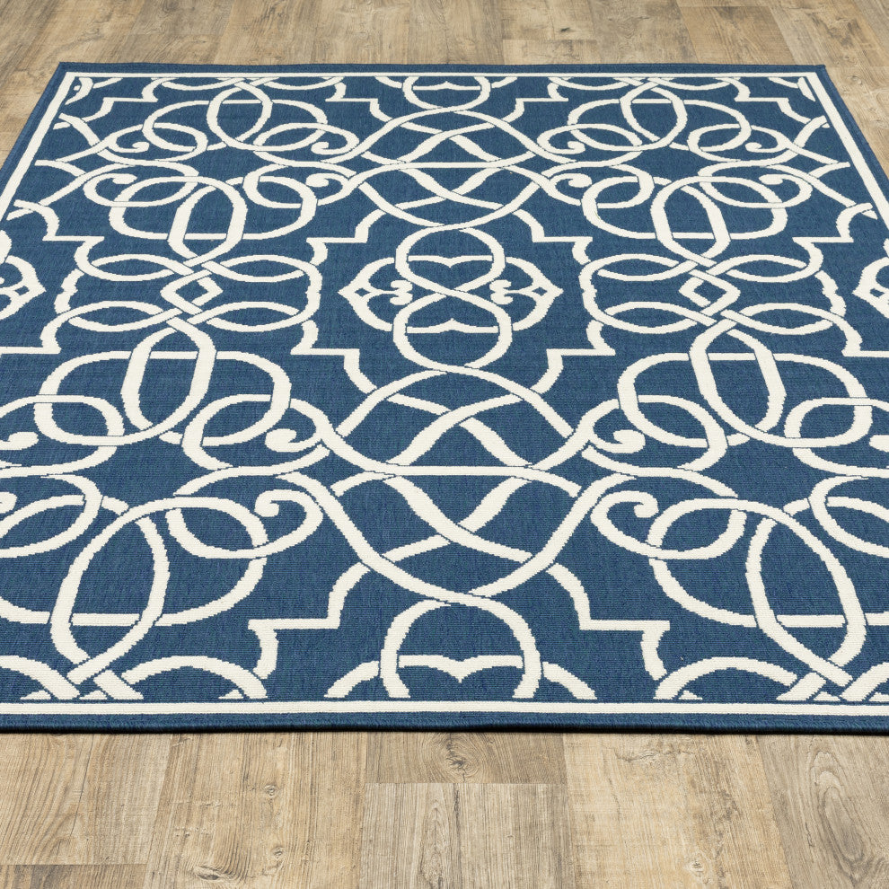 Madelina Lattice Scrollwork Navy Indoor or Outdoor Rug, 3'7"x5'6"